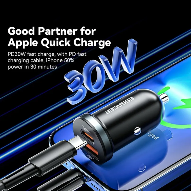 Essager Plug and Charge 30W Autolader USB en USB-C